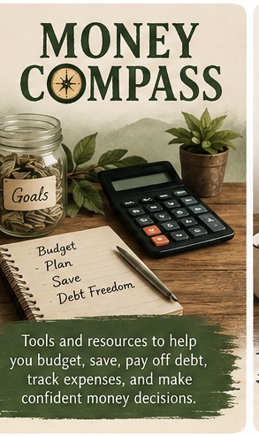 Money planning tools on a rustic wooden table